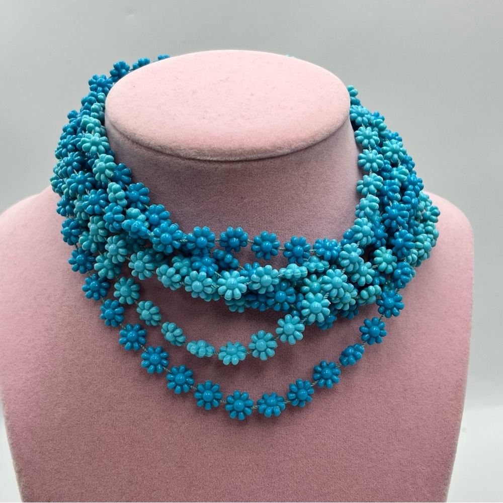Woman’s long Turquoise floral Blue Strand Beaded Necklace